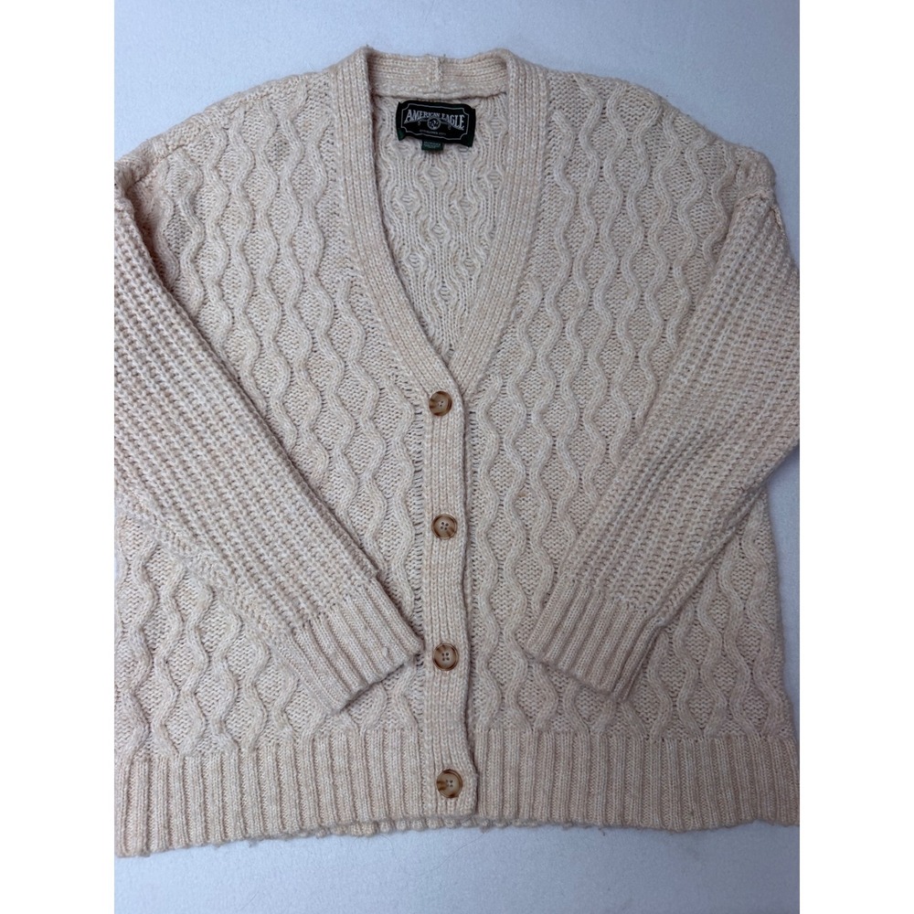 American Eagle Women Cream Cable Knit Cardigan Sweater Oatmeal Beige XS